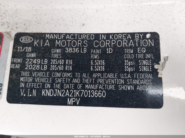 Aukcja sprzedaży 2019 Kia Soul, vin: KNDJN2A21K7013660, numer aukcji: 43460112