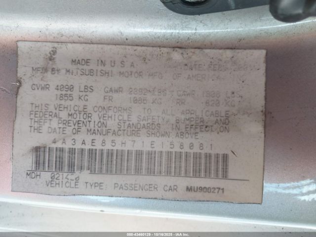 2001 MITSUBISHI ECLIPSE 4A3AEH5H71E158081 Photo 8