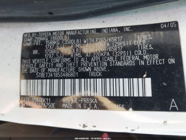 2005 TOYOTA TUNDRA 5TBET34185S486801 Photo 8