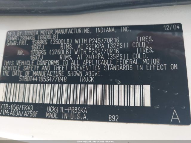 2005 TOYOTA TUNDRA 5TBDT44195S477848 Photo 8