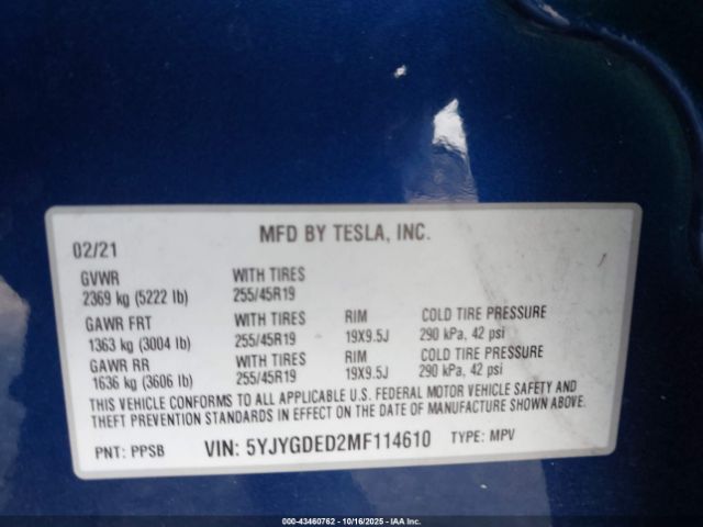 2021 TESLA MODEL Y 5YJYGDED2MF114610 Photo 8