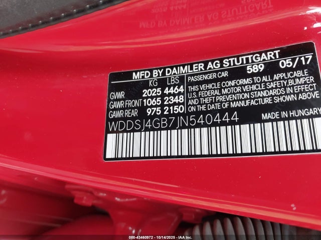 43460972 :رقم المزاد ، WDDSJ4GB7JN540444 vin ، 2018 Mercedes-benz Cla 250 4matic مزاد بيع