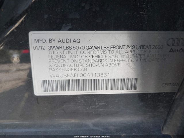2012 AUDI A4 WAUSFAFL0CA113831 Photo 8
