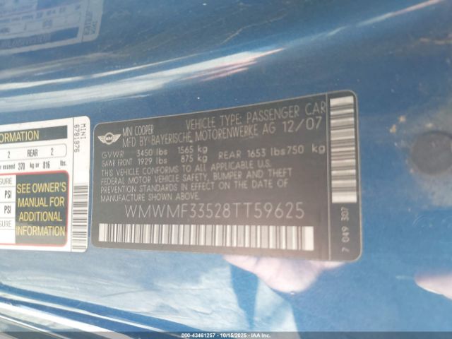 2008 MINI COOPER WMWMF33528TT59625 Photo 8