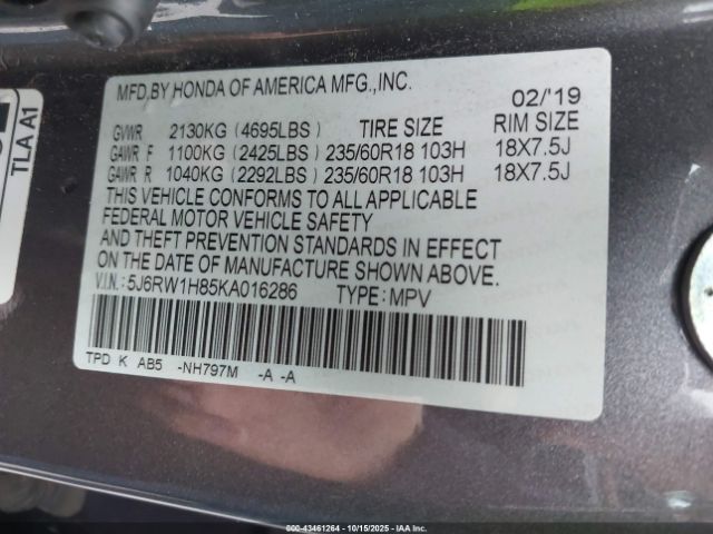 2019 HONDA CR-V 5J6RW1H85KA016286 Photo 8