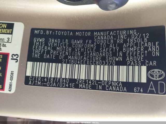 2012 TOYOTA COROLLA 2T1BU4EEXCC803370 Photo 8