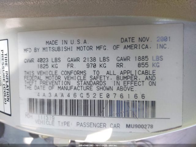 2002 MITSUBISHI GALANT 4A3AA46G52E076166 Photo 8