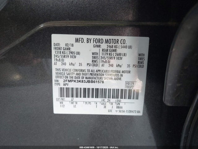 43461609 :رقم المزاد ، 2FMPK3K83JBB61578 vin ، 2018 Ford Edge Titanium مزاد بيع