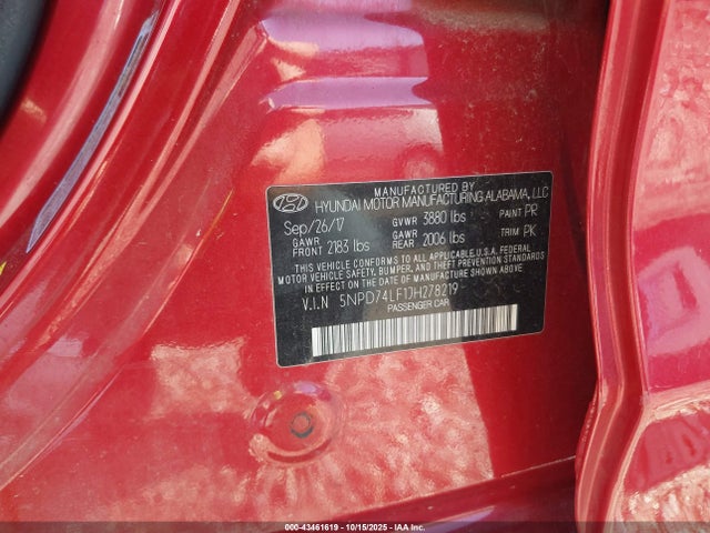 5NPD74LF1JH278219 Hyundai mpi nu
