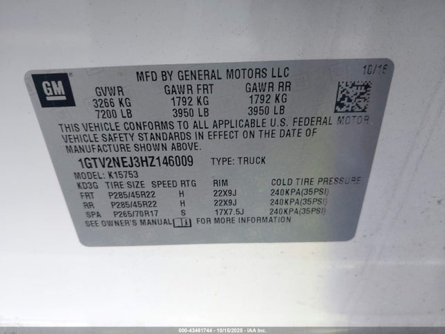 Aukcja sprzedaży 2017 Gmc Sierra 1500 Slt, vin: 1GTV2NEJ3HZ146009, numer aukcji: 43461744