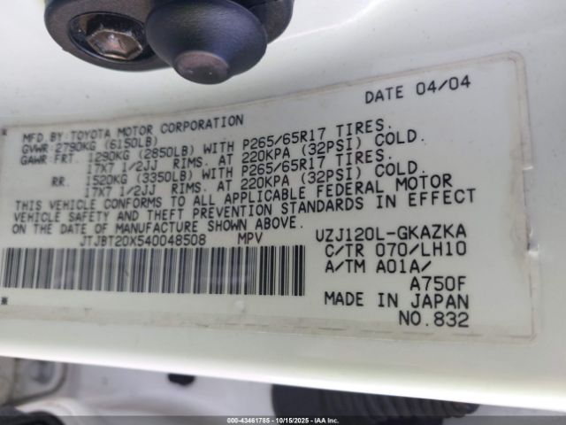 2004 LEXUS GX 470 JTJBT20X540048508 Photo 8