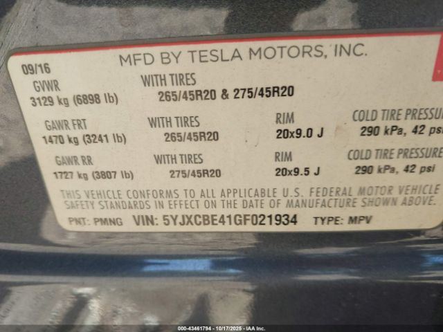 2016 TESLA MODEL X 5YJXCBE41GF021934 Photo 8
