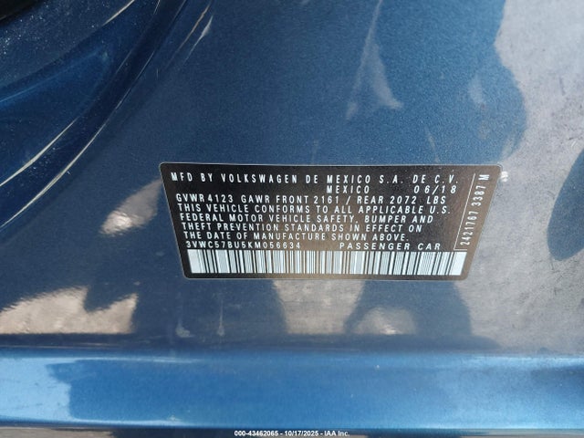 2019 Volkswagen Jetta 1.4t R-line/1.4t S/1.4t Se მანქანა იყიდება აუქციონზე, vin: 3VWC57BU5KM056634, აუქციონის ნომერი: 43462065