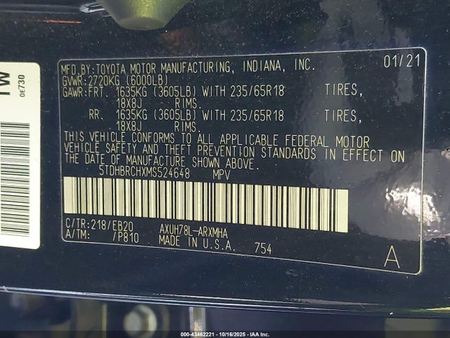 Aukcja sprzedaży 2021 Toyota Highlander Hybrid Xle, vin: 5TDHBRCHXMS524648, numer aukcji: 43462221