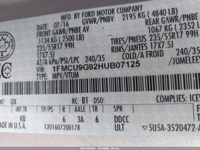 2017 FORD ESCAPE 1FMCU9G92HUB07125 Photo 8