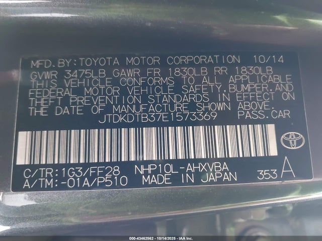JTDKDTB37E1573369 Toyota 1nz-fxe+1lm