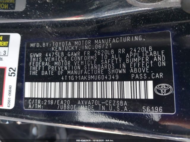 2021 TOYOTA CAMRY 4T1G11AK9MU604349 Photo 8