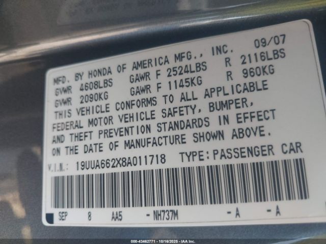 2008 ACURA TL 19UUA662X8A011718 Photo 8