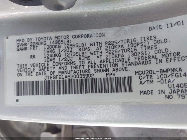 2002 TOYOTA HIGHLANDER JTEGF21A620035902 Photo 8