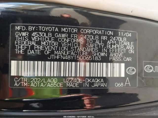 2005 LEXUS SC 430 JTHFN48Y150065183 Photo 8