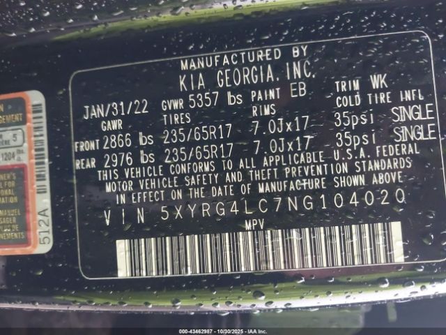 2022 KIA SORENTO 5XYRG4LC7NG104020 Photo 8