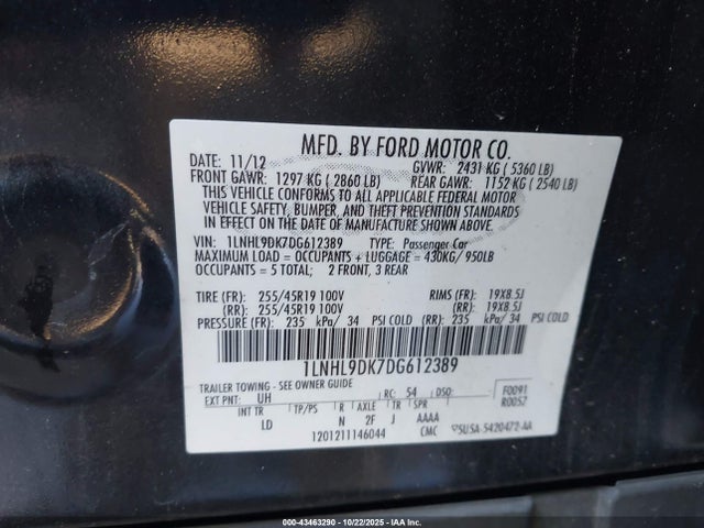 Auction sale of the 2013 Lincoln Mks, vin: 1LNHL9DK7DG612389, lot number: 43463290