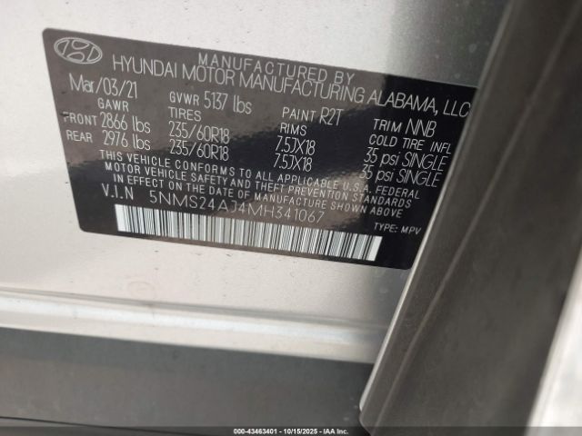 2021 HYUNDAI SANTA FE 5NMS24AJ4MH341067 Photo 8