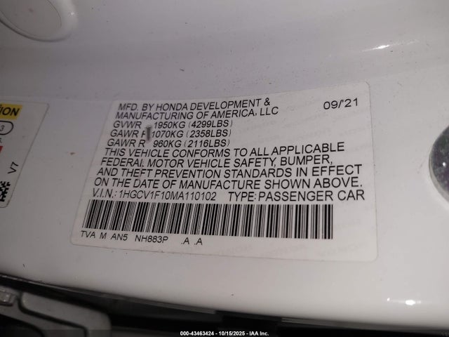 Honda ACCORD LX 2021 1HGCV1F10MA110102 Image 9