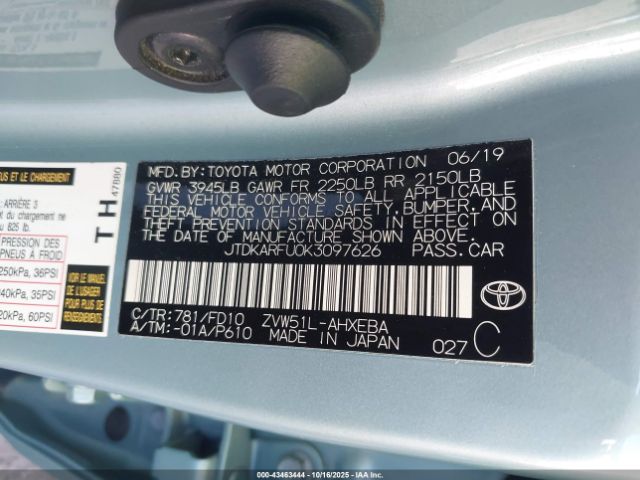 2019 TOYOTA PRIUS JTDKARFU0K3097626 Photo 8