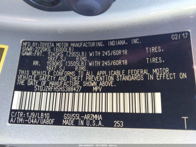 2017 TOYOTA HIGHLANDER 5TDJZRFH5HS388427 Photo 8