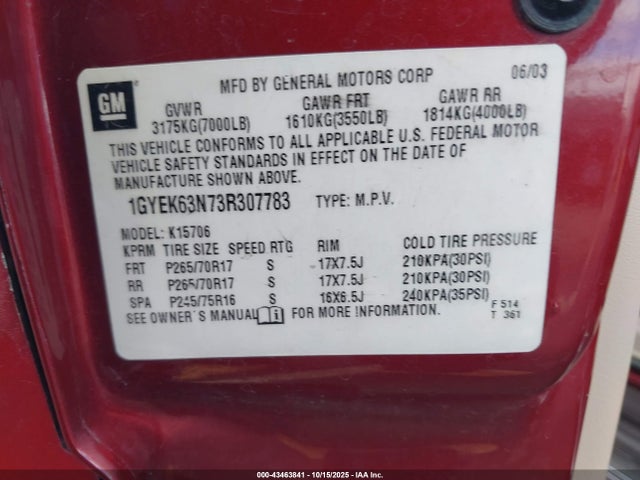 2003 CADILLAC ESCALADE 1GYEK63N73R307783 Photo 8