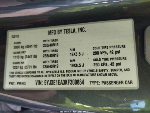 2019 TESLA MODEL 3 5YJ3E1EA3KF300884 Photo 8