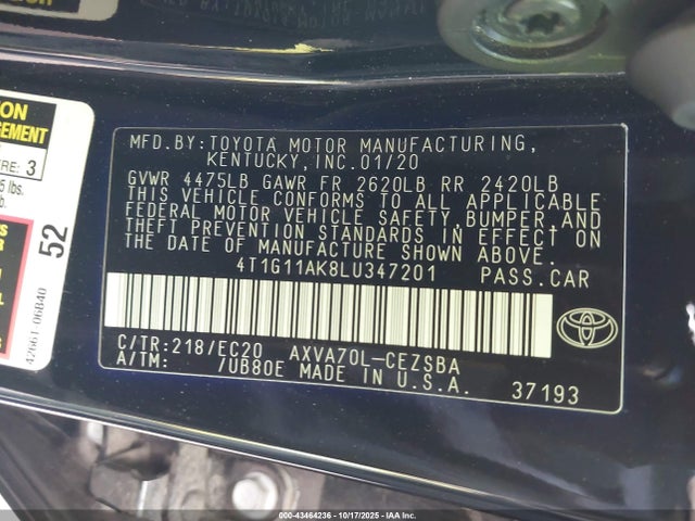 4T1G11AK8LU347201 Toyota Camry Se Nightshade Edition