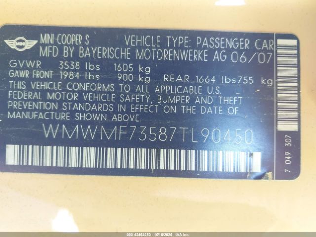 2007 MINI COOPER S WMWMF73587TL90450 Photo 8