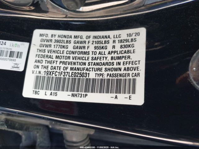 2020 HONDA CIVIC 19XFC1F37LE025031 Photo 8