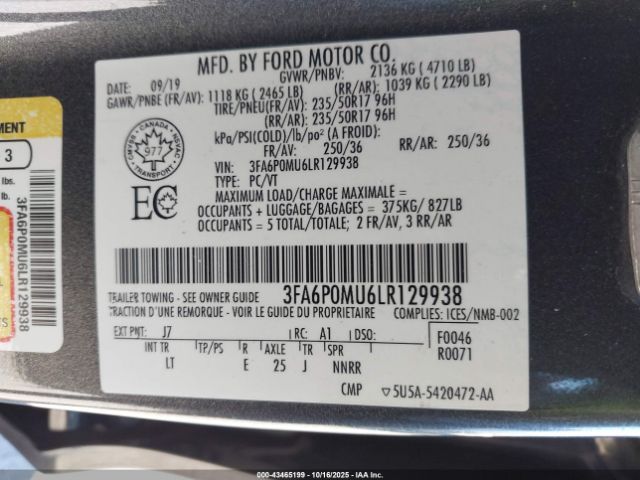 2020 FORD FUSION HYBRID 3FA6P0MU6LR129938 Photo 8
