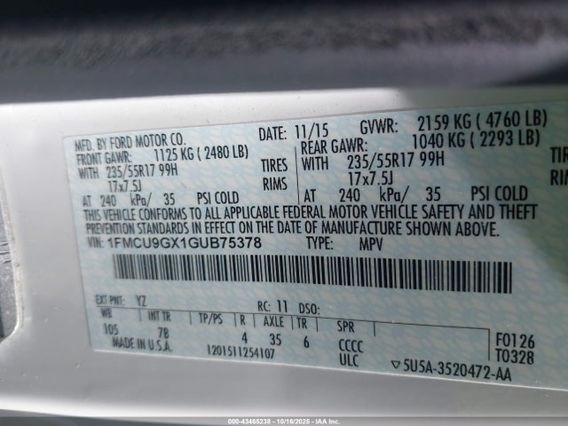 Aukcja sprzedaży 2016 Ford Escape Se, vin: 1FMCU9GX1GUB75378, numer aukcji: 43465238