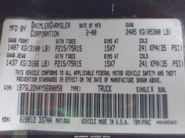 2000 DODGE DAKOTA 1B7GL22X4YS680058 Photo 8