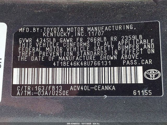2008 TOYOTA CAMRY 4T1BE46K48U766131 Photo 8