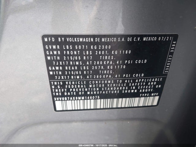 3VV0B7AX9MM146075 Volkswagen Tiguan 2.0t S