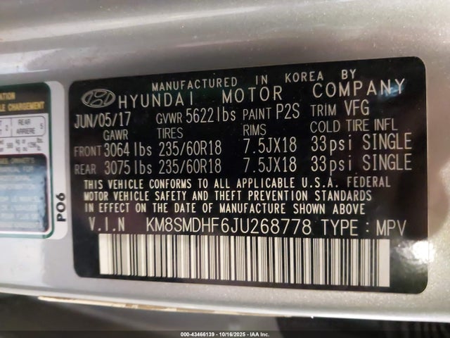 KM8SMDHF6JU268778 Hyundai Santa Fe Se