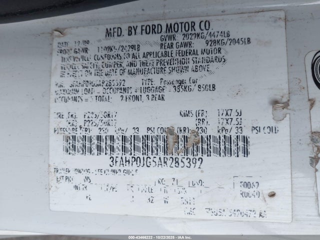 Aukcja sprzedaży 2010 Ford Fusion Sel, vin: 3FAHP0JG5AR285392, numer aukcji: 43466222
