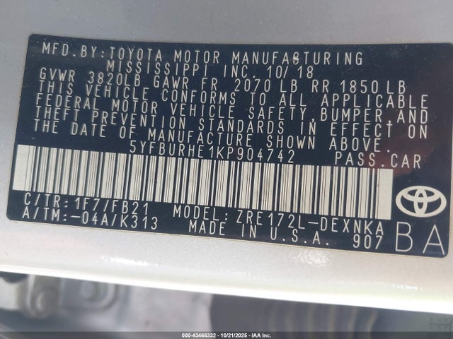 5YFBURHE1KP904742 Toyota COROLLA LE