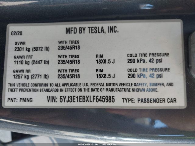 2020 TESLA MODEL 3 5YJ3E1EBXLF645985 Photo 8