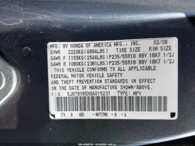 2008 ACURA RDX 5J8TB185X8A015237 Photo 8