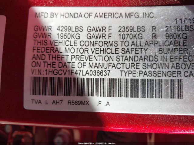2020 HONDA ACCORD 1HGCV1F47LA036637 Photo 8