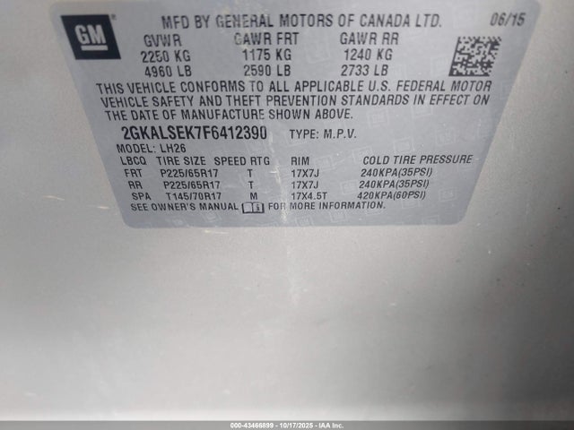Aukcja sprzedaży 2015 Gmc Terrain Slt-1, vin: 2GKALSEK7F6412390, numer aukcji: 43466899