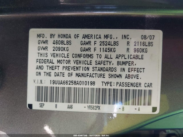 2008 ACURA TL 19UUA66258A010198 Photo 8