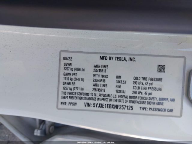 2022 TESLA MODEL 3 5YJ3E1EBXNF257125 Photo 8