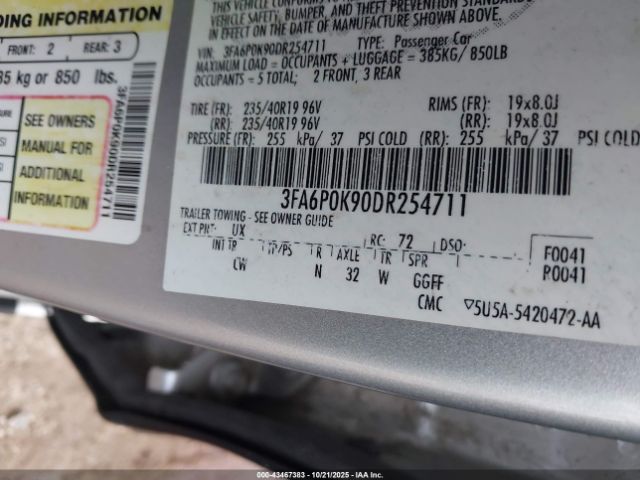 2013 FORD FUSION 3FA6P0K90DR254711 Photo 8